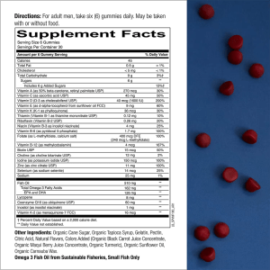 Nutrition label of Jiabei Health Men’s Formula Multivitamin Omega Gummies with full vitamin and mineral profile including Omega 3, vitamin D3, vitamin B12, lycopene, and CoQ10