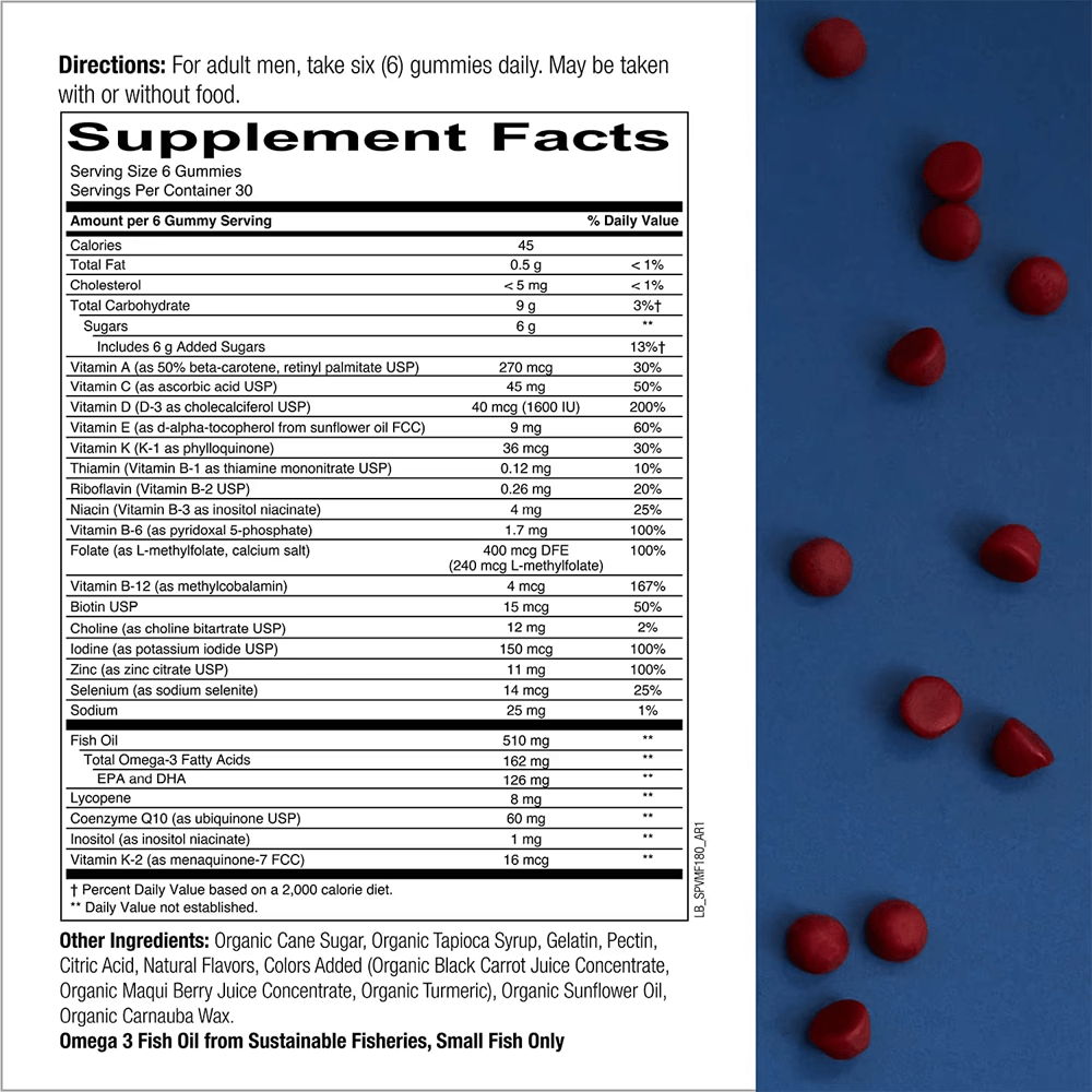 Nutrition label of Jiabei Health Men’s Formula Multivitamin Omega Gummies with full vitamin and mineral profile including Omega 3, vitamin D3, vitamin B12, lycopene, and CoQ10
