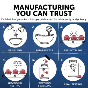Jiabei Health Men’s Formula Multivitamin Omega Gummies production process showing blending, mid-process, pre-bottling, third-party testing, labeling, and final inspection