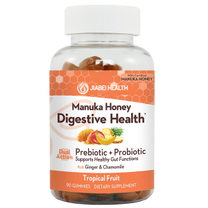 Jiabei Health Manuka Honey Digestive Health Gummies, prebiotic and probiotic dietary supplement in tropical fruit flavor