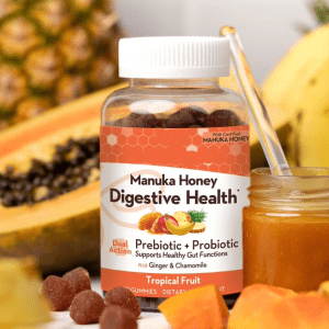 Tropical fruit flavored Manuka Honey Digestive Health Gummies with prebiotic and probiotic support for gut health