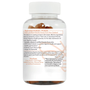 Back label of Manuka Honey Digestive Health Gummies with ingredient list, usage instructions, and prebiotic plus probiotic benefits