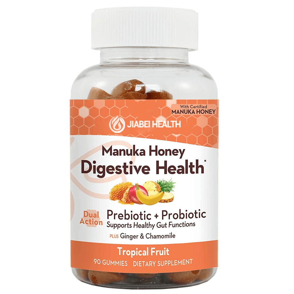Jiabei Health Manuka Honey Digestive Health Gummies, prebiotic and probiotic dietary supplement in tropical fruit flavor