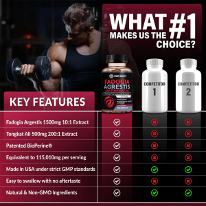 Comparison chart showing Jiabei Health Fadogia Agrestis with Tongkat Ali capsules outperforming competitors in potency, absorption, and quality