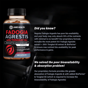 Supplement absorption explanation highlighting Jiabei Health Fadogia Agrestis with Tongkat Ali capsules with BioPerine® for improved bioavailability