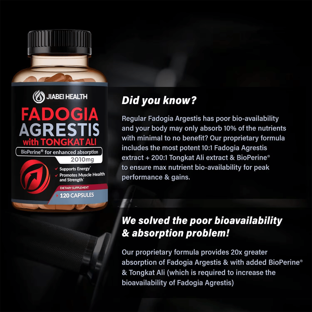 Supplement absorption explanation highlighting Jiabei Health Fadogia Agrestis with Tongkat Ali capsules with BioPerine® for improved bioavailability