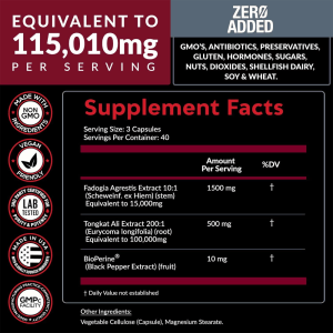 Supplement facts panel of Jiabei Health Fadogia Agrestis with Tongkat Ali capsules showing 1500mg Fadogia, 500mg Tongkat Ali, and BioPerine®