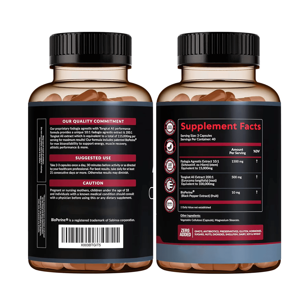 Jiabei Health Fadogia Agrestis with Tongkat Ali capsules back label showing quality commitment, suggested use, and supplement facts