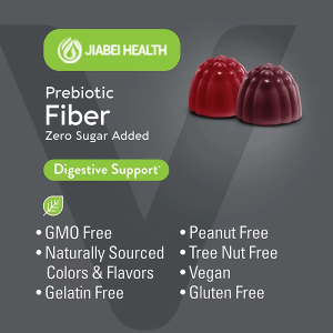 Jiabei Health prebiotic fiber gummies with zero sugar added, vegan, gluten free, non-GMO, naturally sourced colors and flavors