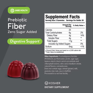 Supplement Facts panel of Jiabei Health prebiotic fiber gummies showing 4g dietary fiber, zero added sugar, Kosher certified