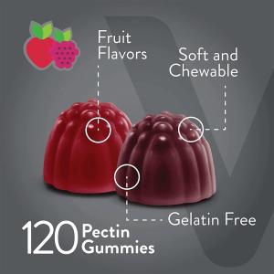 Close-up of red and purple prebiotic fiber pectin gummies, soft and chewable, gelatin free, fruit-flavored