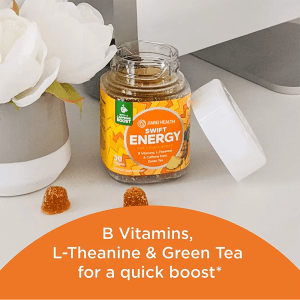 Open bottle of Swift Energy Gummies showing pineapple punch flavor gummies with B vitamins, L-theanine, and caffeine from green tea