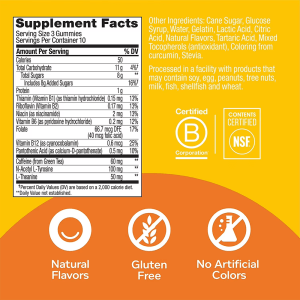 Supplement Facts panel of Swift Energy Gummies showing B vitamins, L-theanine, green tea caffeine, with gluten free and no artificial colors