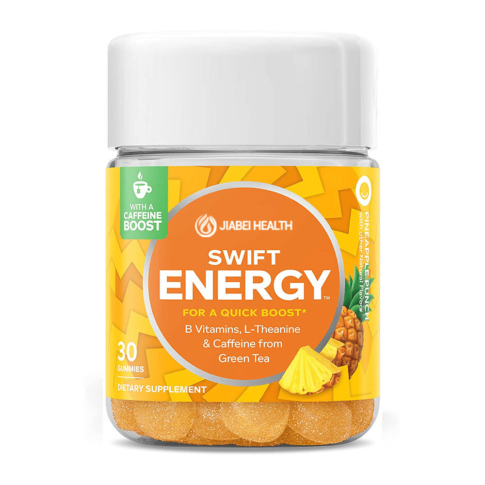 Swift Energy Gummies with pineapple punch flavor, B vitamins, L-theanine, and natural caffeine from green tea for quick energy and focus support
