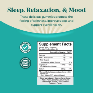Nutrition facts of raspberry magnesium gummies showing magnesium citrate content for sleep, relaxation, and overall health support