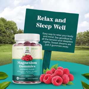 Raspberry magnesium gummies bottle outdoors with raspberries, promoting relaxation, restful sleep, and daily comfort