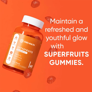Superfruits gummies vegan supplement on red background, promoting refreshed and youthful glow with daily nutrition