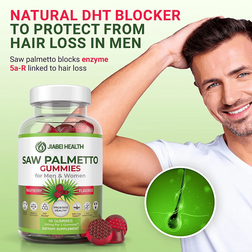 Man smiling with Jiabei Health Saw Palmetto Gummies bottle, raspberry-flavored supplement acting as a natural DHT blocker to support hair loss prevention and prostate health
