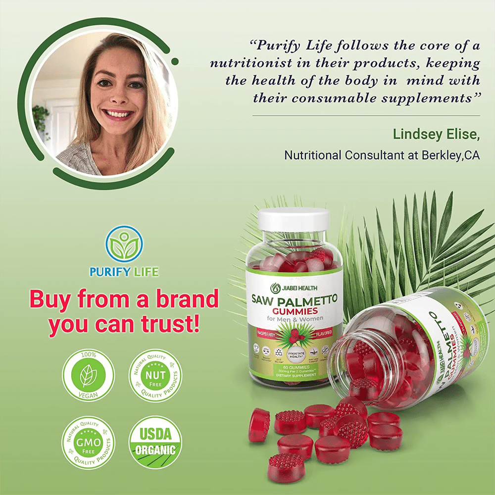 Jiabei Health Saw Palmetto Gummies with vegan, GMO-free, and USDA organic certification, endorsed by nutritionist for prostate health and hormone balance