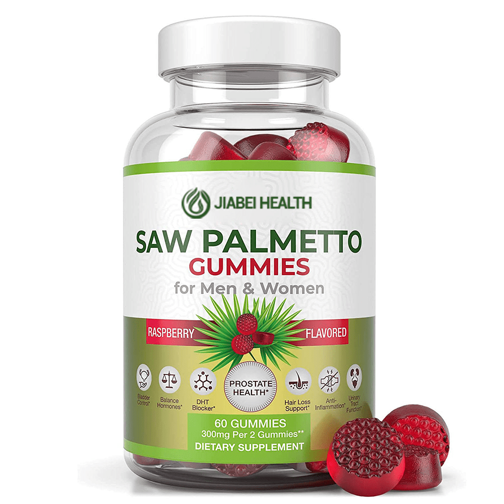 Bottle of Jiabei Health Saw Palmetto Gummies, raspberry-flavored dietary supplement for prostate health, hormone balance, urinary wellness, and hair loss support