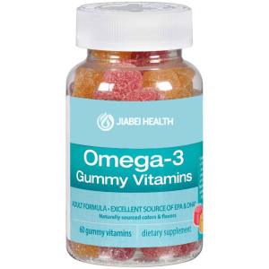 Bottle of Omega-3 Gummy Vitamins with fruity flavors, supporting adult heart, brain, and joint health