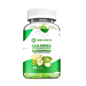 Bottle of Jiabei Health organic sea moss with burdock root gummies, green apple flavor, vegan private label supplement