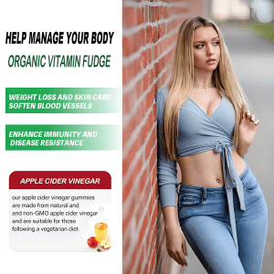 Woman with healthy lifestyle next to product description of Jiabei Health apple cider vinegar gummies for weight loss, skin care, and immunity support