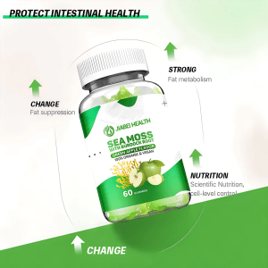 Jiabei Health sea moss with burdock root green apple gummies bottle highlighting fat metabolism, nutrition, and weight management benefits