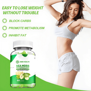 Smiling fit woman in sportswear with Jiabei Health sea moss with burdock root gummies, promoting metabolism, carb blocking, and fat inhibition