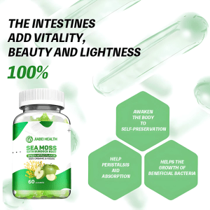 Jiabei Health sea moss with burdock root green apple gummies bottle with text showing gut vitality, absorption support, and beneficial bacteria growth