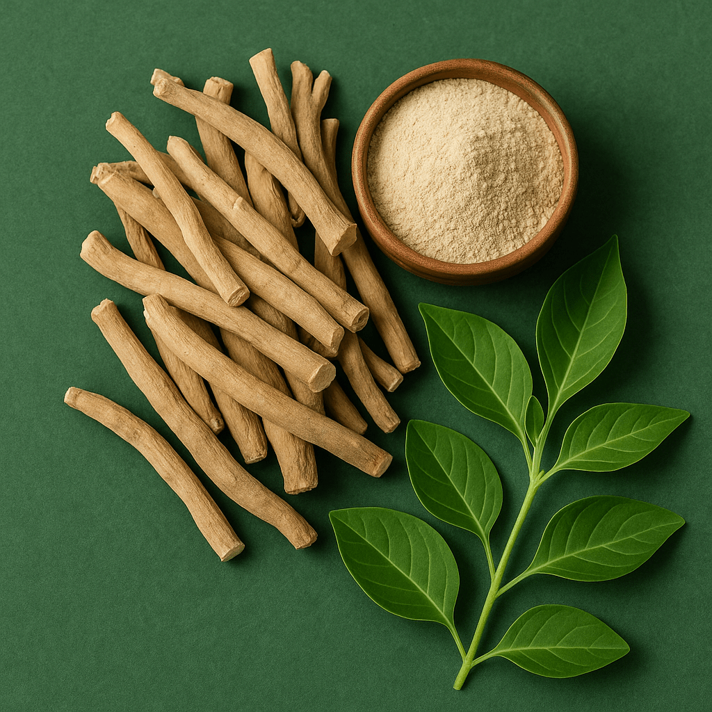 Realistic Ashwagandha roots with fresh green leaves on a clean background, symbolizing stress relief, sleep support, energy, and focus benefits
