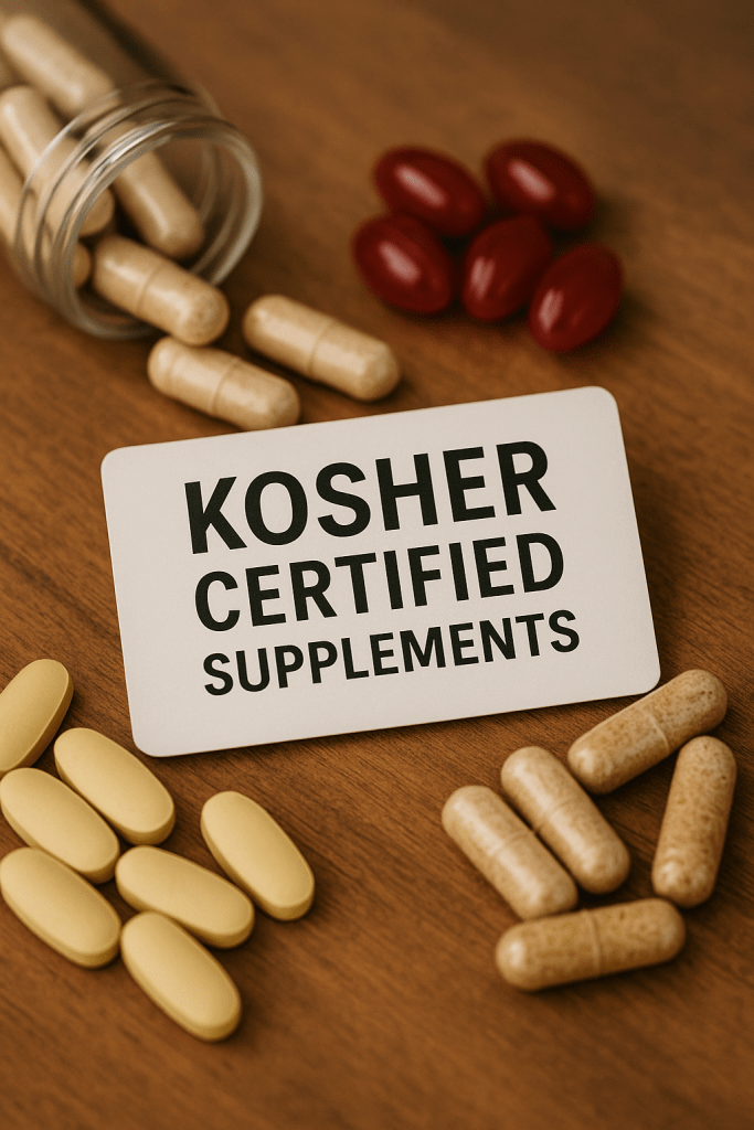 Kosher certified supplements capsules and tablets displayed on wooden surface with certification card