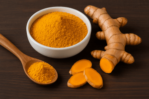 Turmeric root, turmeric powder, and supplement capsules used in Turmeric Curcumin Gummies manufacturing process