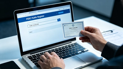 Hands using laptop to verify FSSC 22000 certificate COID number on FSSC Public Register while holding printed certificate
