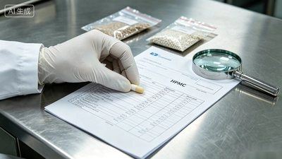 A quality specialist reviewing a supplement formula sheet against capsule samples as part of halal certification Indonesia preparation.