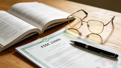 FSSC 22000 certificate placed next to an open food safety manual and glasses on a clean desk