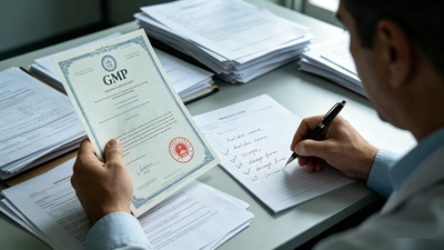 Overhead view of a laboratory workbench with a COA, raw material specification sheet, microbial test report, and a batch sample, representing the document review stage when qualifying GMP certified supplement manufacturers.
