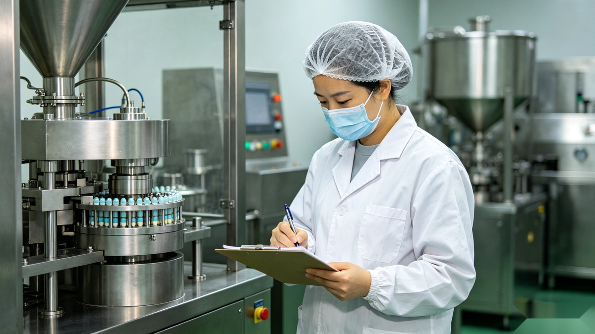 Quality technician verifying batch documentation on a capsule filling line at GMP certified supplement manufacturers, representing pre-production due diligence and supplier auditing.