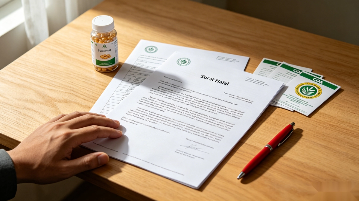 Supplement samples, a halal certificate, and COA documents on a desk during a halal certification Indonesia compliance review for OEM projects.