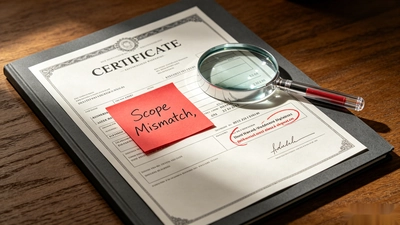 Printed FSSC 22000 certificate with red flag sticky note indicating suspended status or scope mismatch