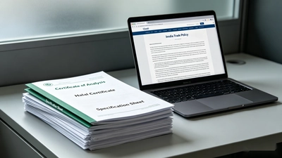 Stack of export documents including COA and halal certificate needed for halal certification Indonesia supplement projects, with a laptop in the background.