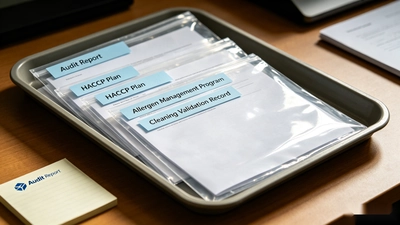 Audit report, HACCP plan, allergen management and cleaning records organized for buyer review
