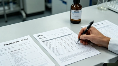 Close-up of a procurement specialist cross-checking a GMP certificate against a handwritten verification checklist, a critical step when auditing GMP certified supplement manufacturers before production.