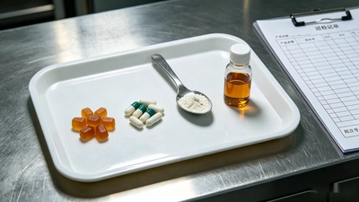 Four supplement formats – gummies, capsules, powder and liquid – displayed on stainless steel surface in factory