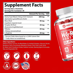 Supplement facts panel of Jiabei Health Horny Goat Weed Gummies with Maca, Tongkat Ali, Tribulus, and L-Arginine