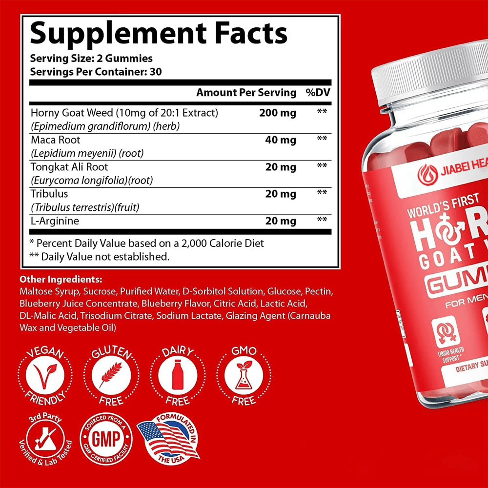 Supplement facts panel of Jiabei Health Horny Goat Weed Gummies with Maca, Tongkat Ali, Tribulus, and L-Arginine