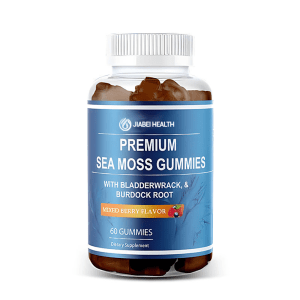 Bottle of Premium Sea Moss Gummies with Bladderwrack and Burdock Root, mixed berry flavor, 60 count – Jiabei Health OEM supplement