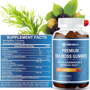 Nutrition facts panel and bottle of Premium Sea Moss Gummies with Bladderwrack and Burdock Root in mixed berry flavor