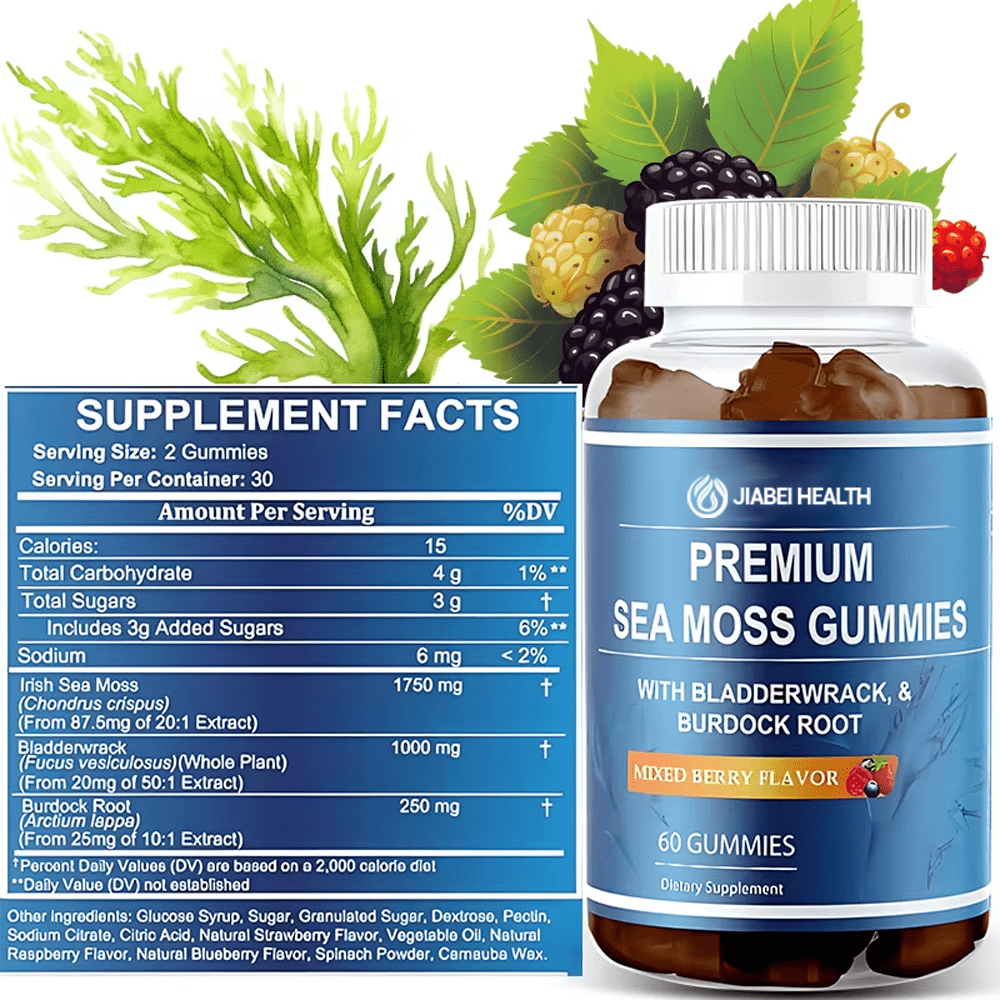 Nutrition facts panel and bottle of Premium Sea Moss Gummies with Bladderwrack and Burdock Root in mixed berry flavor
