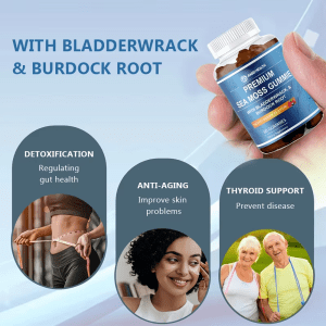 Premium Sea Moss Gummies highlighting benefits including detoxification, anti-aging skin support, and thyroid health